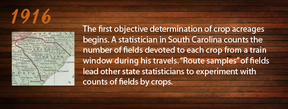 1916 - The first objective determination of crop acreages begins. A statistician in South Carolina counts the number of fields devoted to each crop from a train window during his travels. “Route samples” of fields lead other state statisticians to experiment with counts of fields by crops.