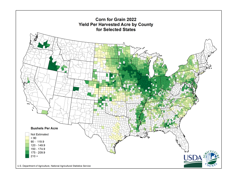 Corn Yield Per Harvested Acre By County