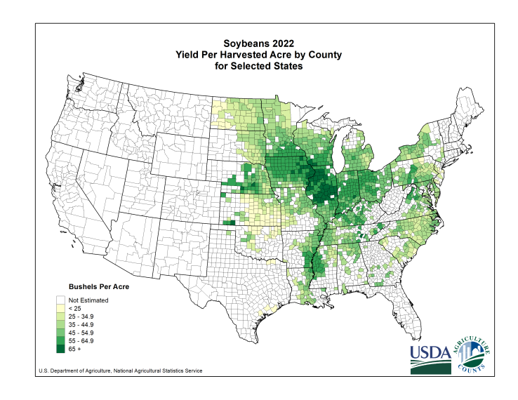Usda National Agricultural Statistics Service Charts And Maps Soybeans Yield Per Harvested Acre By County