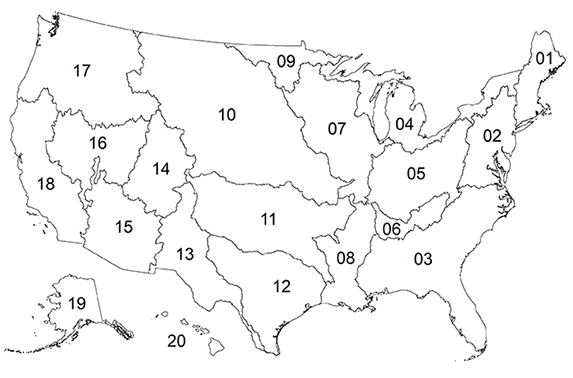 Image map showing the entire United States broken up by watershed.