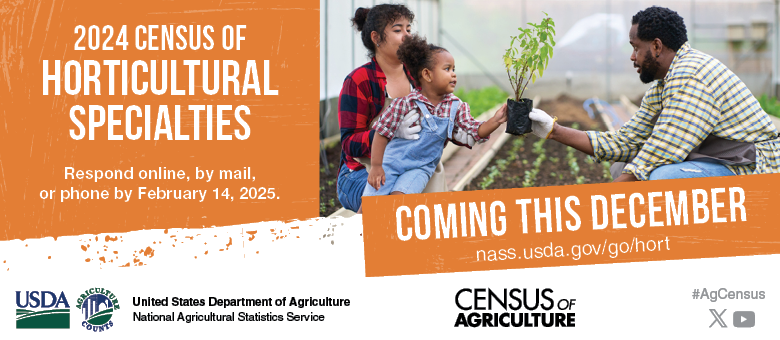 The 2024 Census of Horticultural Specialties survey is coming this December. Respond online, by mail, or phone by February 14, 2025.