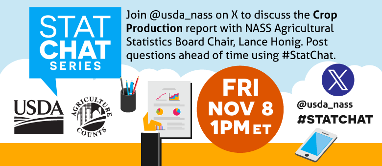 Join @usda_nass on X using #StatChat on Nov. 8, 1:00 PM ET to discuss the Crop Production report with NASS's Agricultural Statistics Board Chair, Lance Honig.