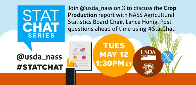 Join @usda_nass on X using #StatChat on May 12th, 1:30 PM EDT to discuss the Crop Production reports with the Agricultural Statistics Board Chair, Lance Honig.